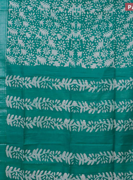 Semi tussar saree teal green with allover batik prints & thread stripe weaves and long silver zari woven border