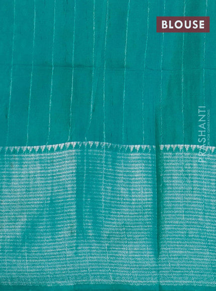 Semi tussar saree teal green with allover batik prints & thread stripe weaves and long silver zari woven border