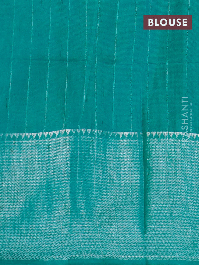 Semi tussar saree teal green with allover batik prints & thread stripe weaves and long silver zari woven border