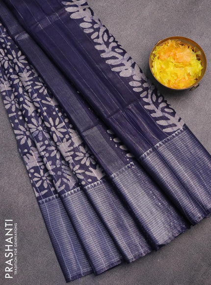 Semi tussar saree navy blue with allover batik prints & thread stripe weaves and long silver zari woven border