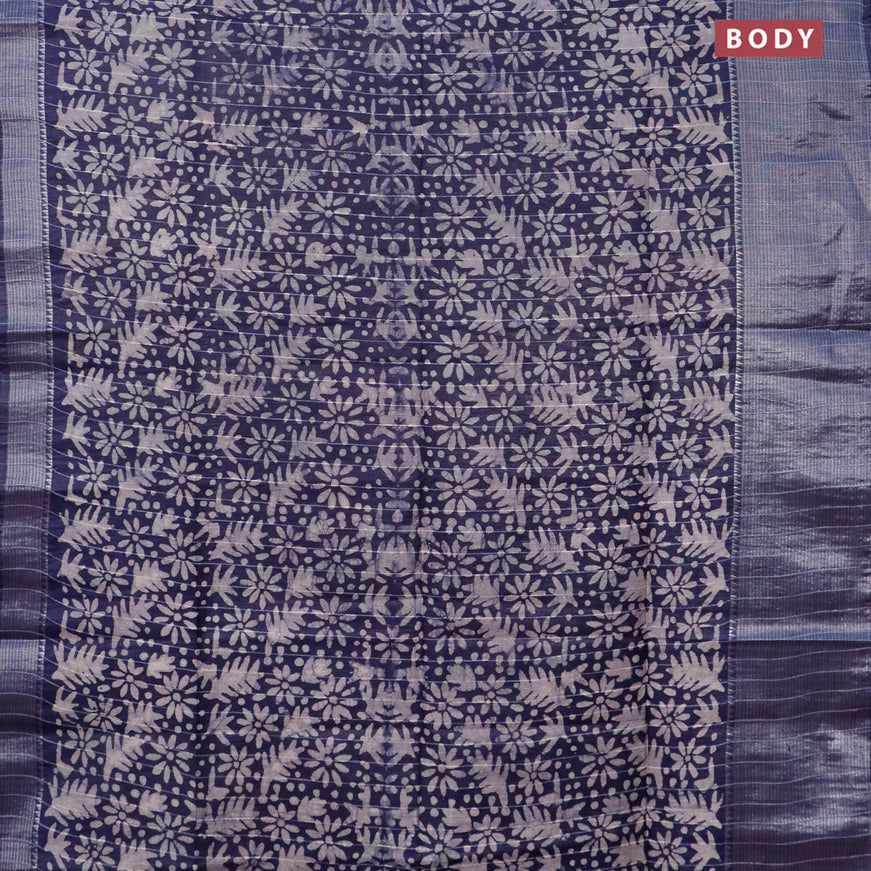 Semi tussar saree navy blue with allover batik prints & thread stripe weaves and long silver zari woven border