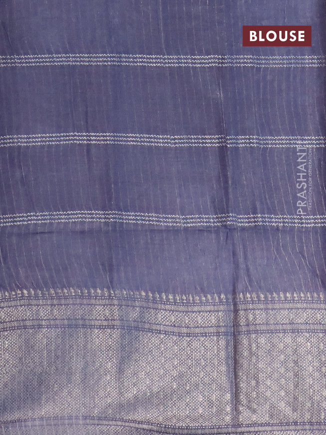 Semi tussar saree grey with allover batik prints and long silver zari woven border