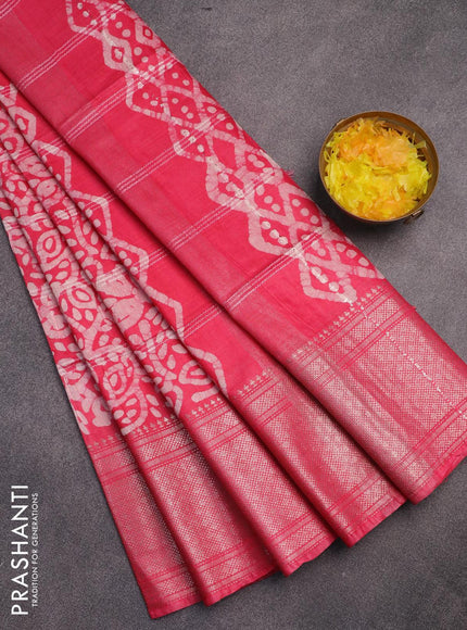 Semi tussar saree pink and off white with allover batik prints and long silver zari woven border