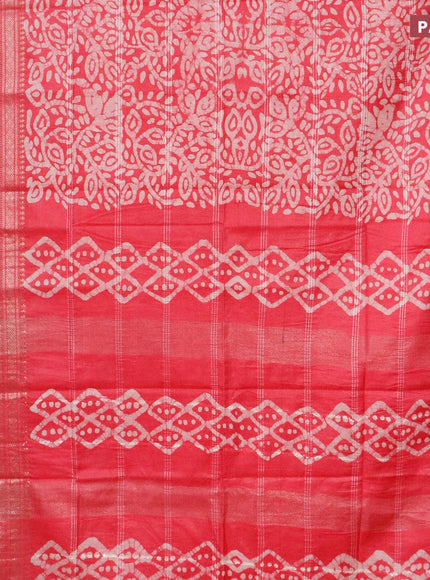 Semi tussar saree pink and off white with allover batik prints and long silver zari woven border