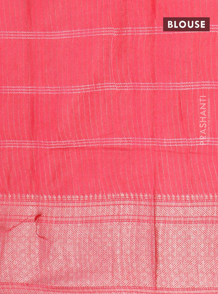 Semi tussar saree pink and off white with allover batik prints and long silver zari woven border