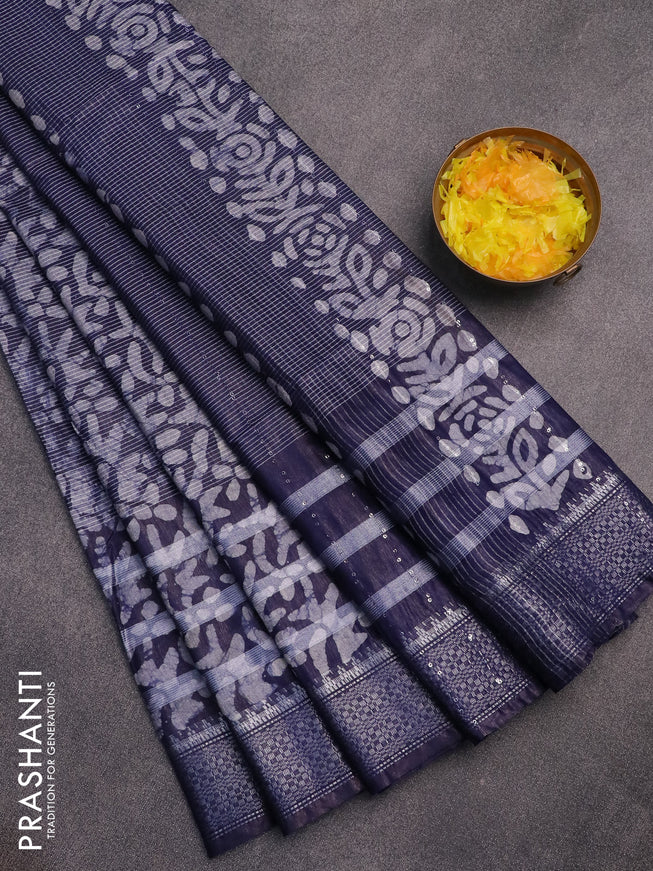 Semi tussar saree navy blue with allover batik prints and silver zari woven border