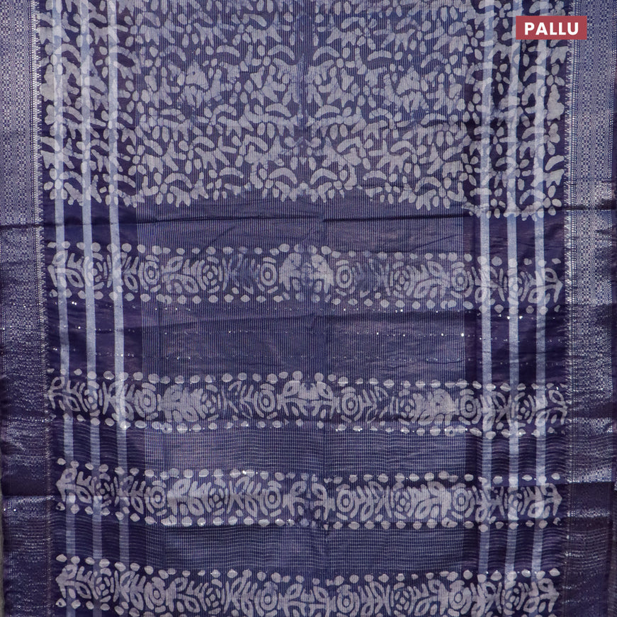 Semi tussar saree navy blue with allover batik prints and silver zari woven border