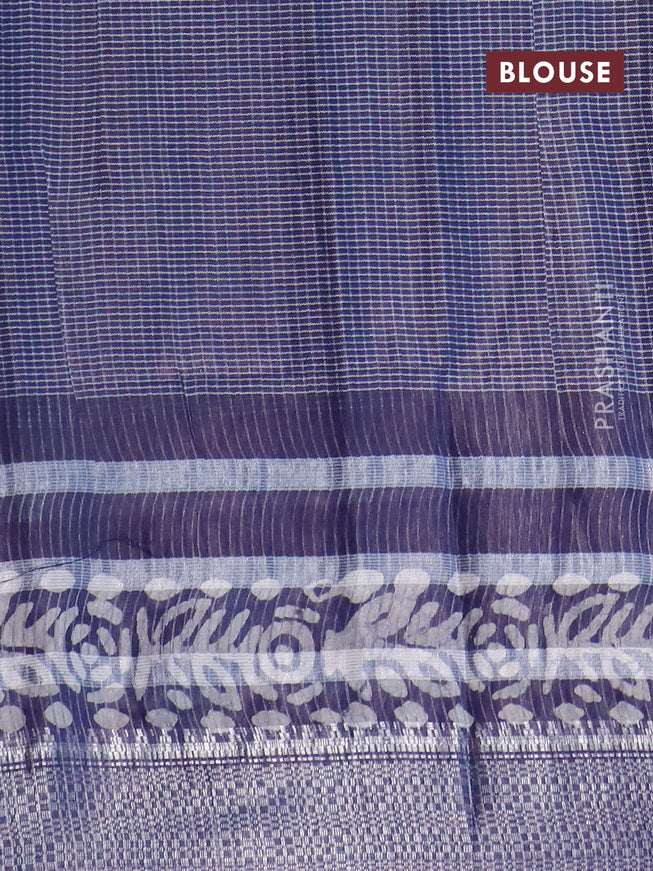 Semi tussar saree navy blue with allover batik prints and silver zari woven border