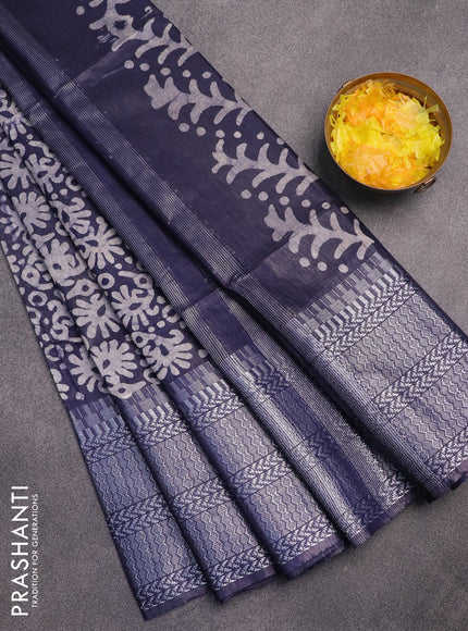 Semi tussar saree navy blue with allover batik prints and long temple design silver zari woven border