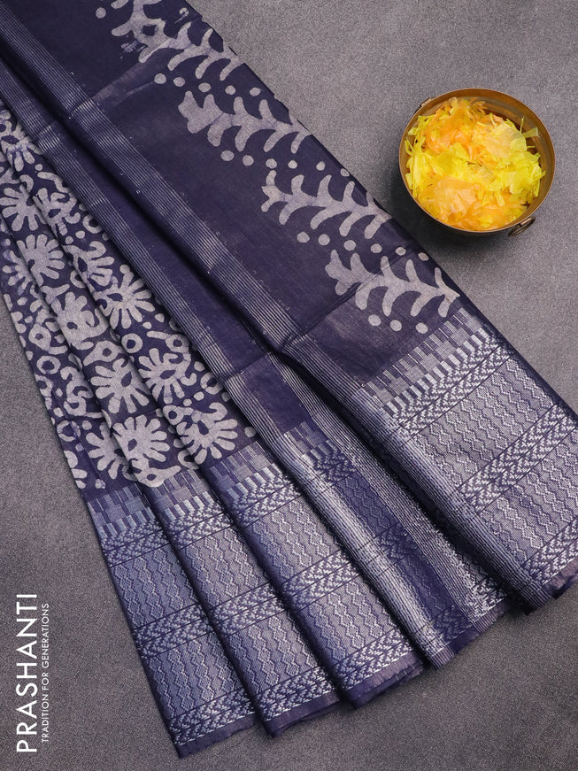 Semi tussar saree navy blue with allover batik prints and long temple design silver zari woven border