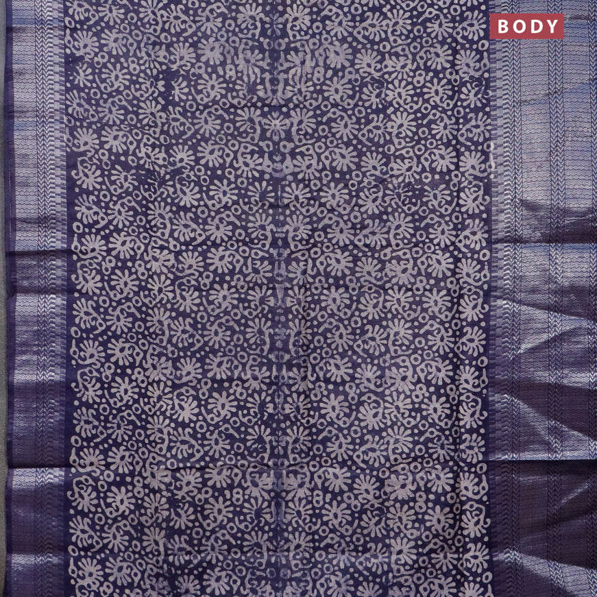 Semi tussar saree navy blue with allover batik prints and long temple design silver zari woven border