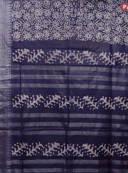 Semi tussar saree navy blue with allover batik prints and long temple design silver zari woven border