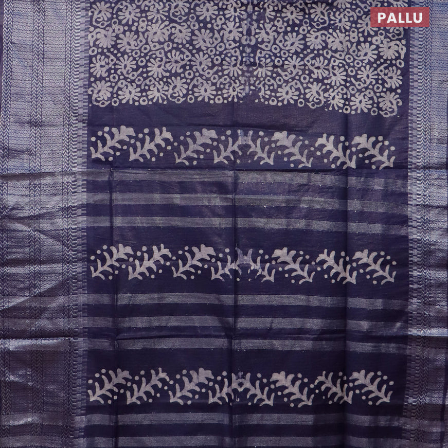 Semi tussar saree navy blue with allover batik prints and long temple design silver zari woven border