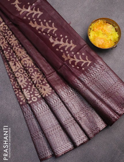 Semi tussar saree coffee brown with allover batik prints and long temple design silver zari woven border