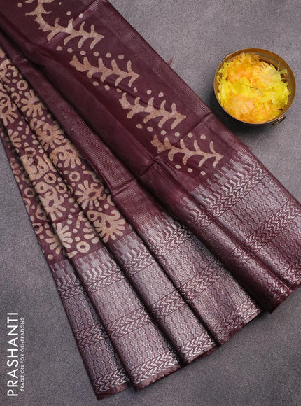 Semi tussar saree coffee brown with allover batik prints and long temple design silver zari woven border