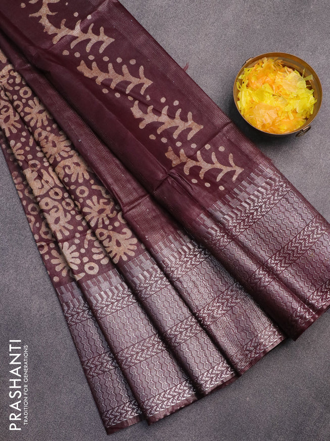 Semi tussar saree coffee brown with allover batik prints and long temple design silver zari woven border