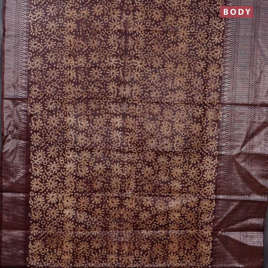 Semi tussar saree coffee brown with allover batik prints and long temple design silver zari woven border