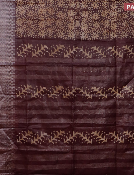 Semi tussar saree coffee brown with allover batik prints and long temple design silver zari woven border