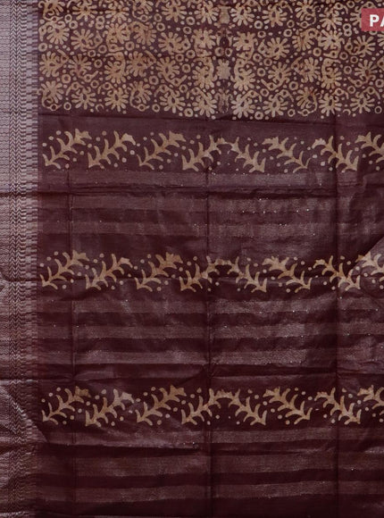 Semi tussar saree coffee brown with allover batik prints and long temple design silver zari woven border