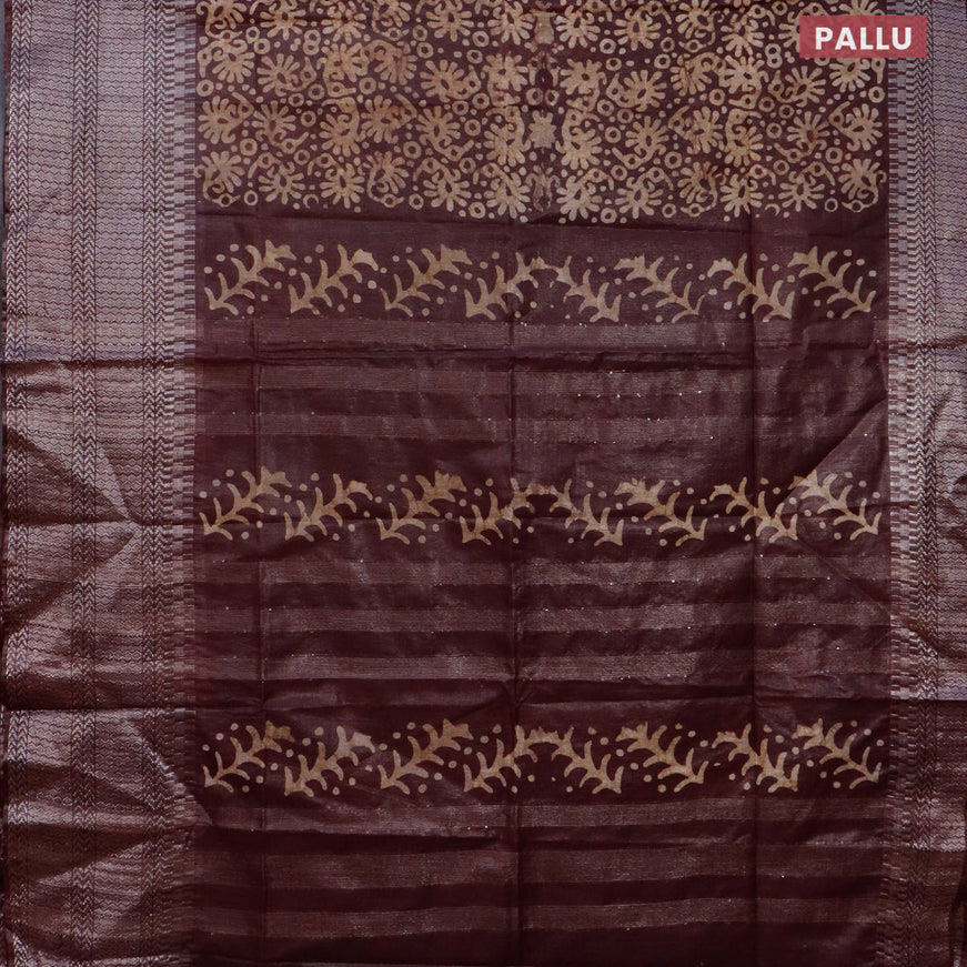 Semi tussar saree coffee brown with allover batik prints and long temple design silver zari woven border