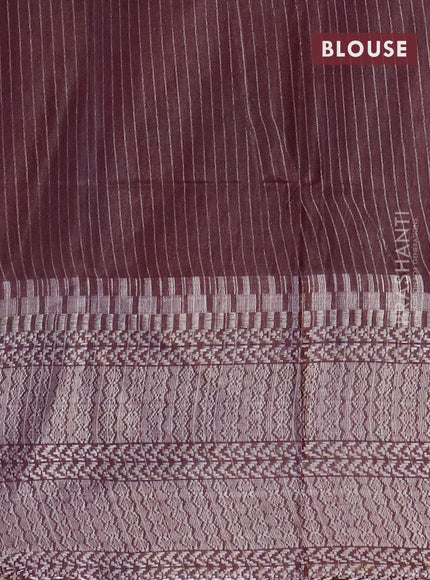 Semi tussar saree coffee brown with allover batik prints and long temple design silver zari woven border