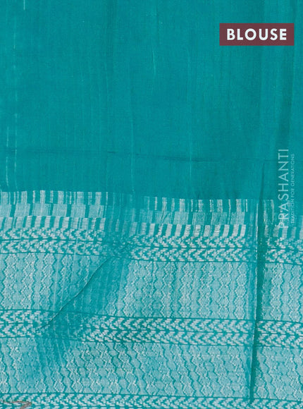 Semi tussar saree teal green with allover batik prints and long temple design silver zari woven border