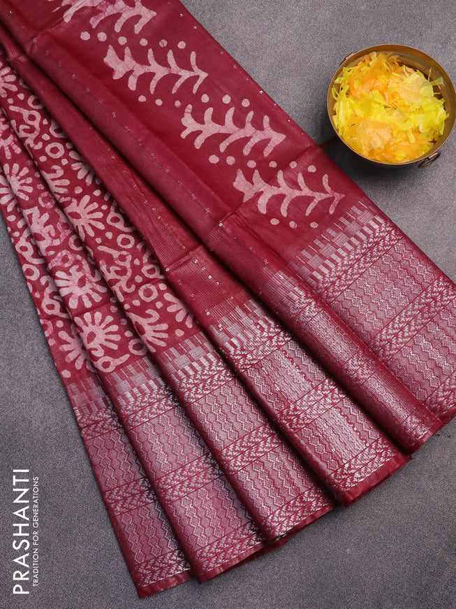 Semi tussar saree maroon with allover batik prints and long temple design silver zari woven border