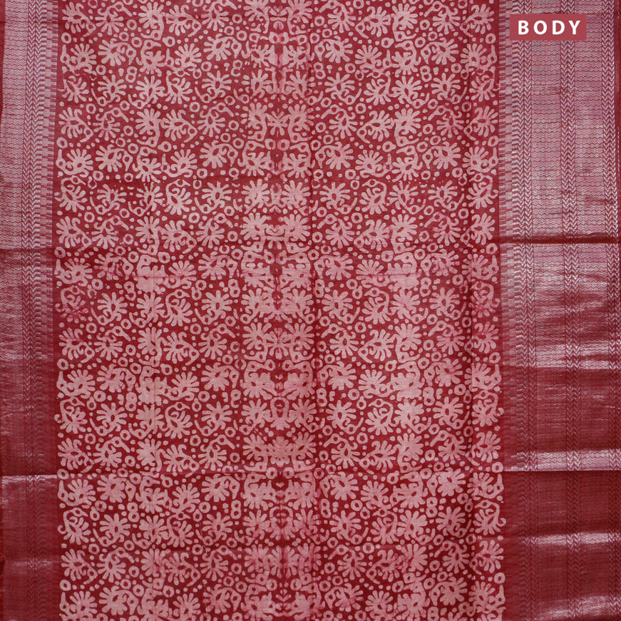 Semi tussar saree maroon with allover batik prints and long temple design silver zari woven border