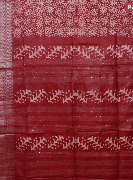 Semi tussar saree maroon with allover batik prints and long temple design silver zari woven border