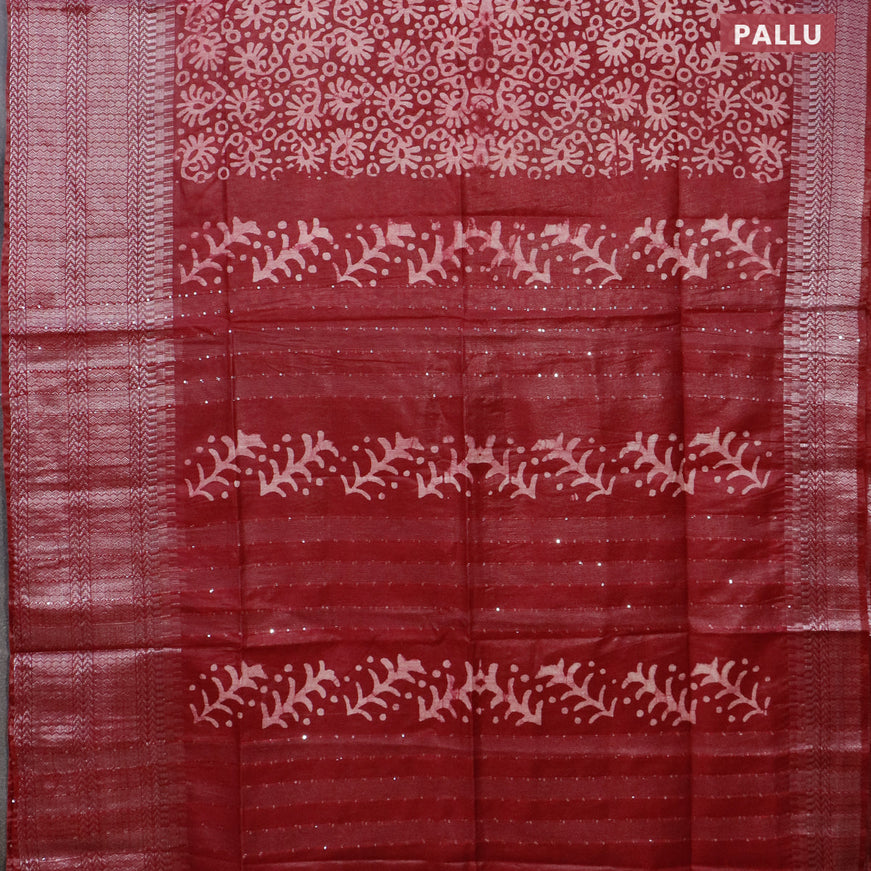 Semi tussar saree maroon with allover batik prints and long temple design silver zari woven border