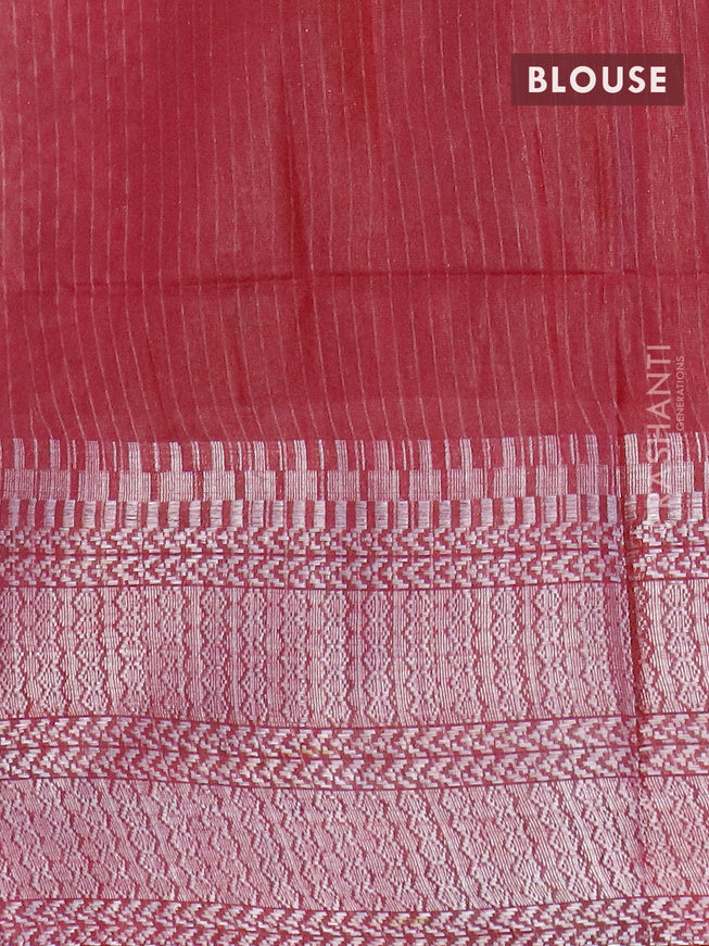 Semi tussar saree maroon with allover batik prints and long temple design silver zari woven border