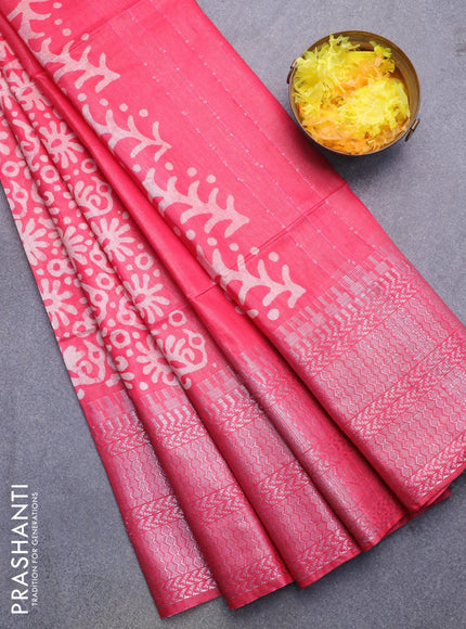 Semi tussar saree pink with allover batik prints and long temple design silver zari woven border