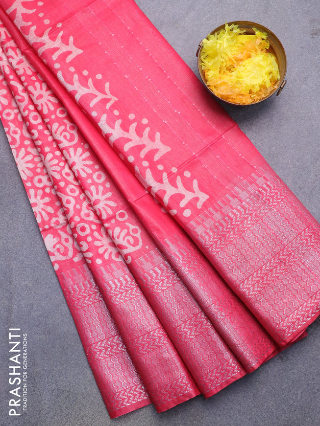 Semi tussar saree pink with allover batik prints and long temple design silver zari woven border