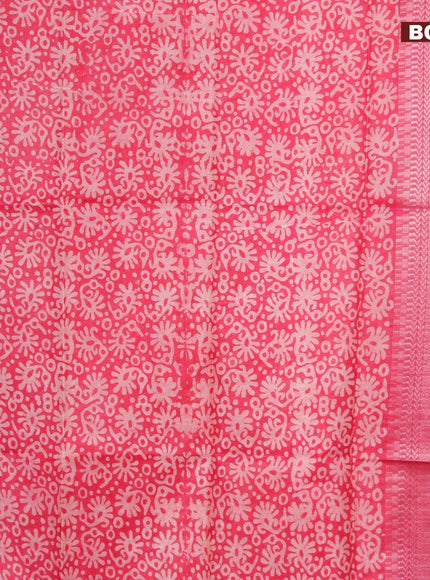 Semi tussar saree pink with allover batik prints and long temple design silver zari woven border