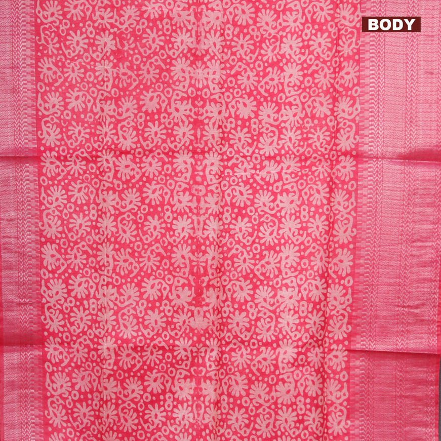 Semi tussar saree pink with allover batik prints and long temple design silver zari woven border