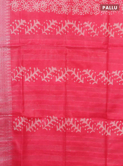 Semi tussar saree pink with allover batik prints and long temple design silver zari woven border