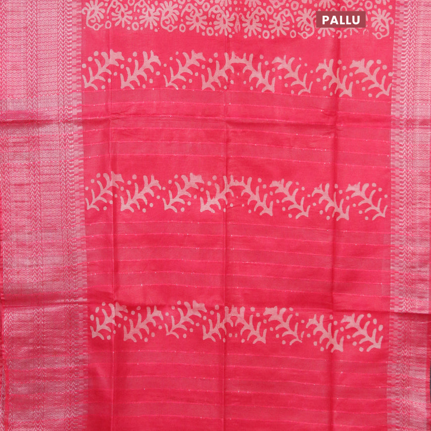 Semi tussar saree pink with allover batik prints and long temple design silver zari woven border