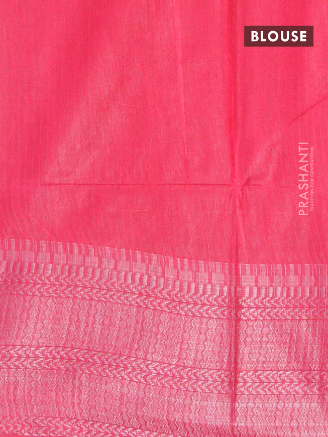 Semi tussar saree pink with allover batik prints and long temple design silver zari woven border