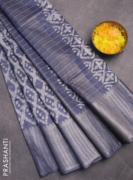 Semi tussar saree grey with allover batik prints & thread stripe weaves and long silver zari woven border