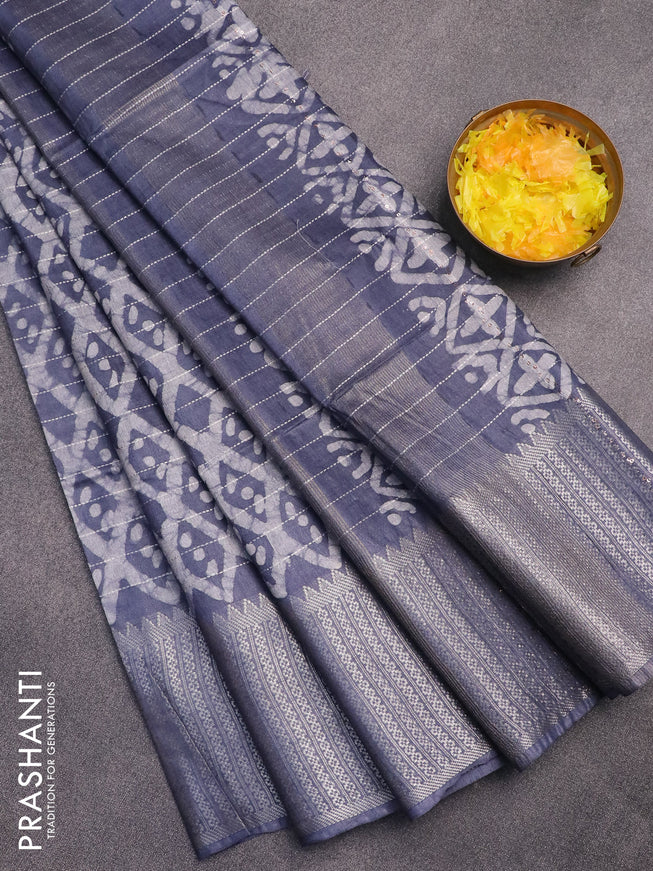 Semi tussar saree grey with allover batik prints & thread stripe weaves and long silver zari woven border