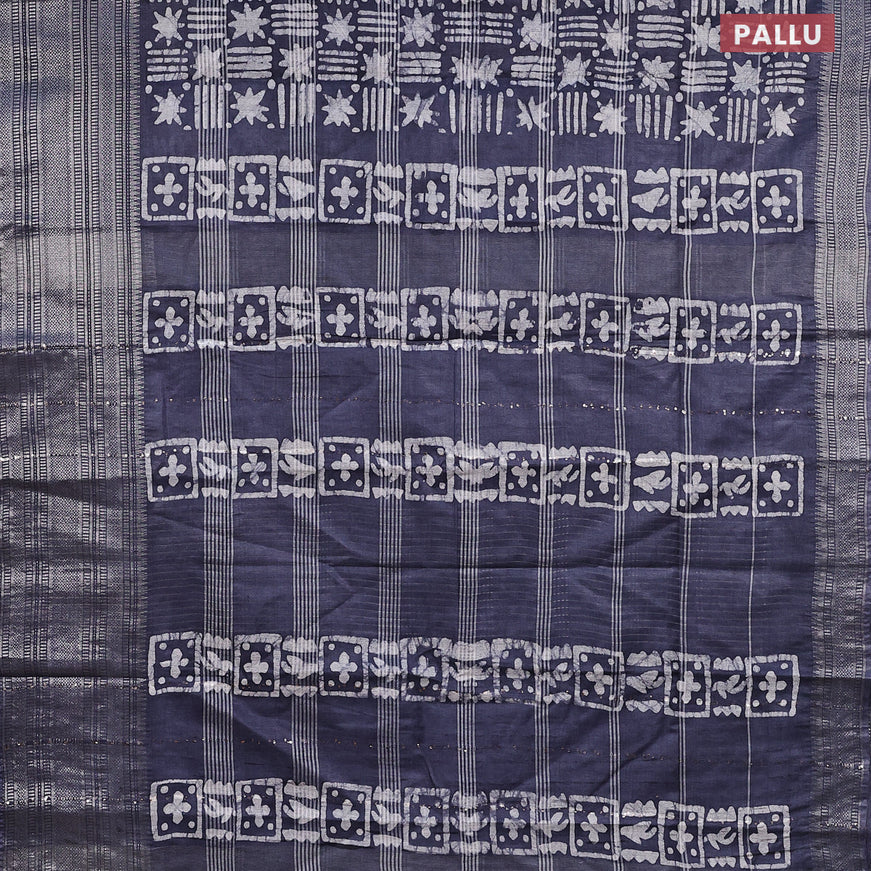 Semi tussar saree grey and off white with allover batik prints and long silver zari woven border