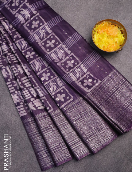 Semi tussar saree deep violet and beige with allover batik prints and long silver zari woven border