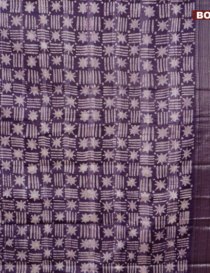 Semi tussar saree deep violet and beige with allover batik prints and long silver zari woven border