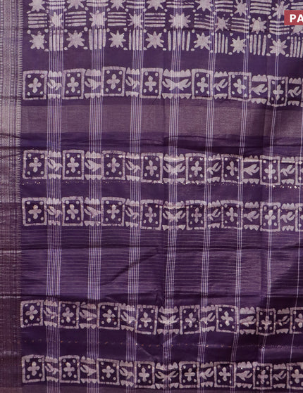 Semi tussar saree deep violet and beige with allover batik prints and long silver zari woven border