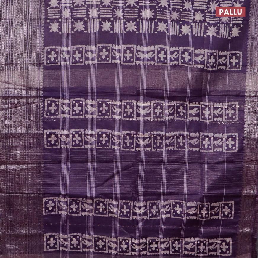 Semi tussar saree deep violet and beige with allover batik prints and long silver zari woven border