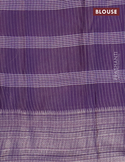 Semi tussar saree deep violet and beige with allover batik prints and long silver zari woven border