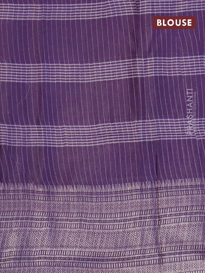 Semi tussar saree deep violet and beige with allover batik prints and long silver zari woven border