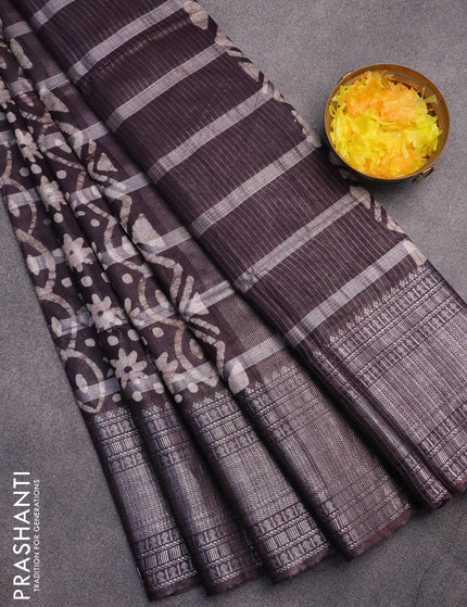 Semi tussar saree deep coffee brown with allover batik prints and long silver zari woven border