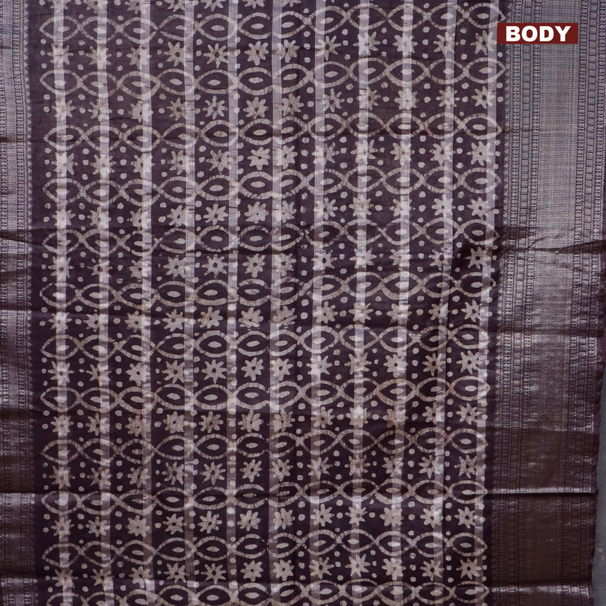 Semi tussar saree deep coffee brown with allover batik prints and long silver zari woven border