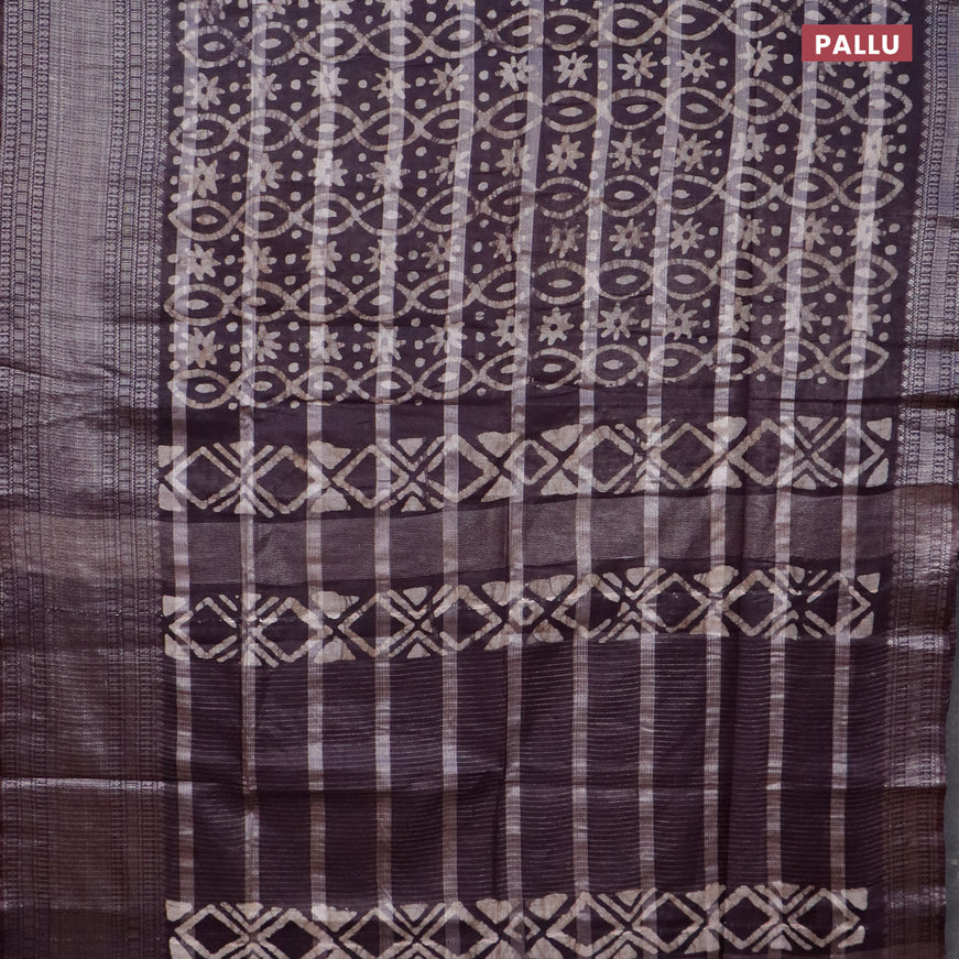 Semi tussar saree deep coffee brown with allover batik prints and long silver zari woven border